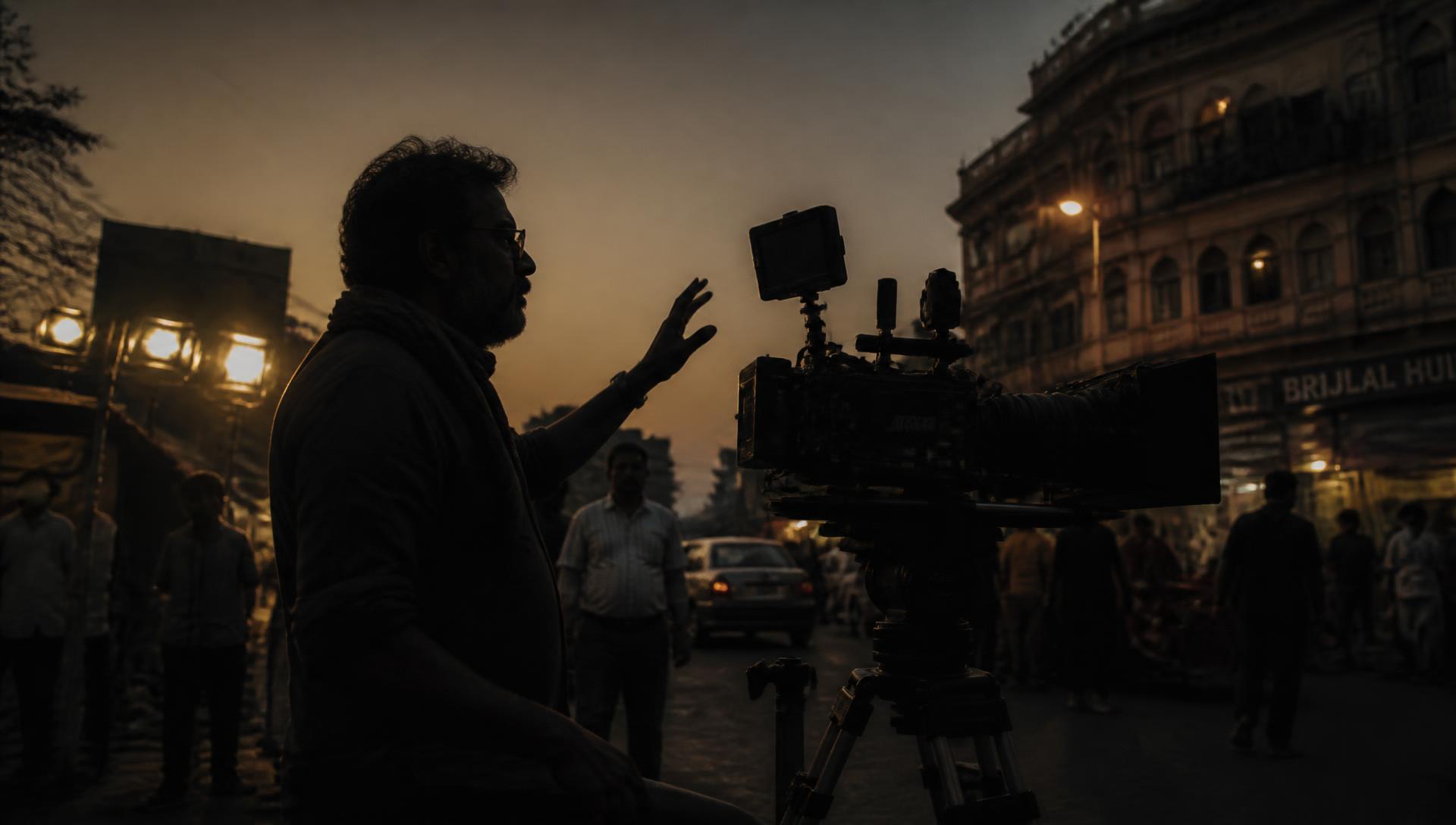 VJ Stajan directing on an ad film set at dusk in urban India